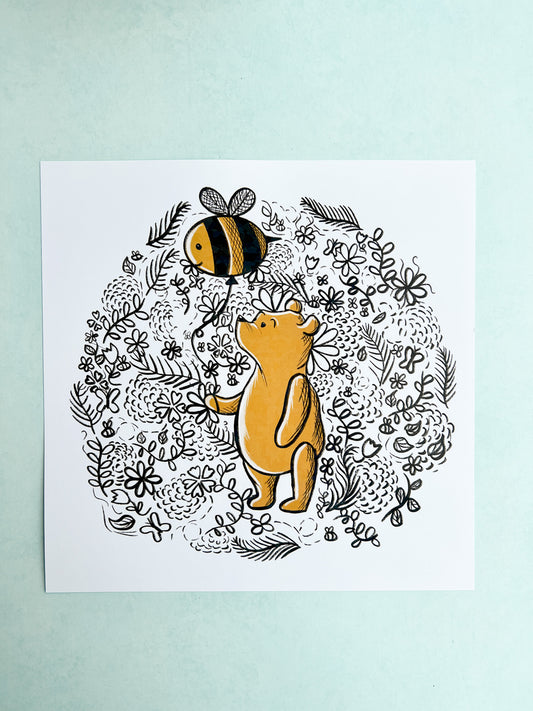 Bear With A Bee Balloon - 12x12 Print